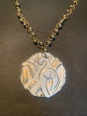 Vintage White Jamician Tropical Bird Clay Pendant on unique 24 in Gold ball chai
